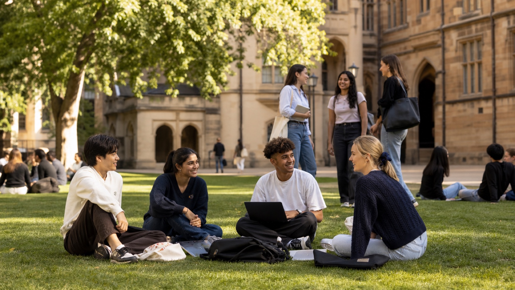 A diverse group of students studying together on an Australian campus lawn